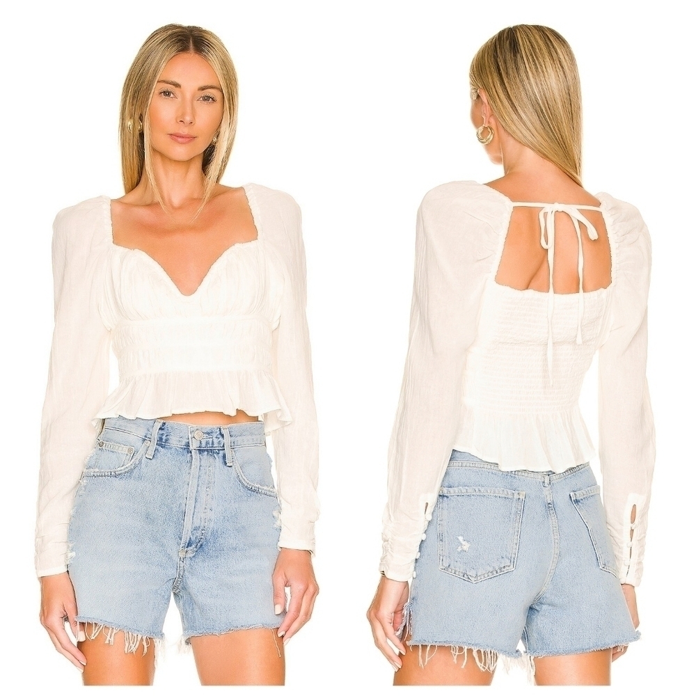 Free People Sweetheart Neck Long Puff Sleeve Peplum Crop Top